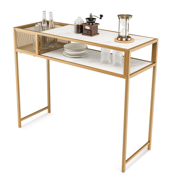 Faux Marble Console Table with Wire Basket, Long Couch Side Table with Anti-Toppling Kit, White & Gold