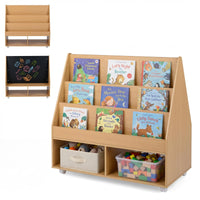 Double-Sided Kids Bookshelf on Wheels with Chalkboard and Open Cubes