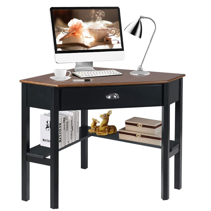 Giantex Wood Corner Computer Desk, Compact Writing Table w/Drawer & Shelves