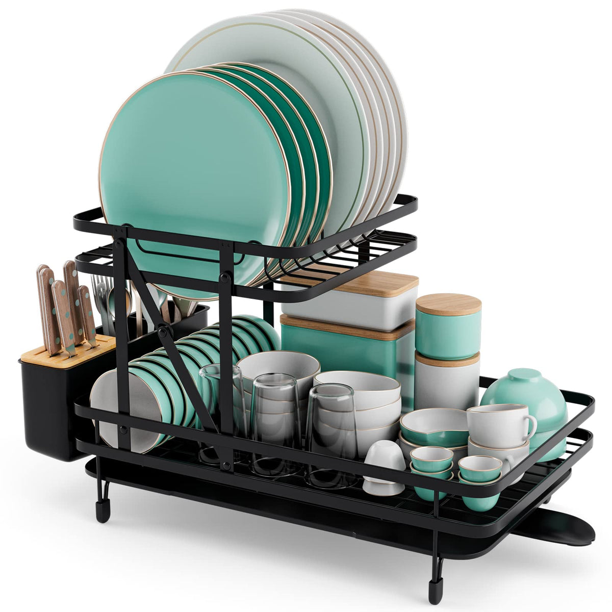 Giantex Dish Drying Rack, Collapsible 2-Tier Dish Rack and Drainboard Set with Removable Drip Tray