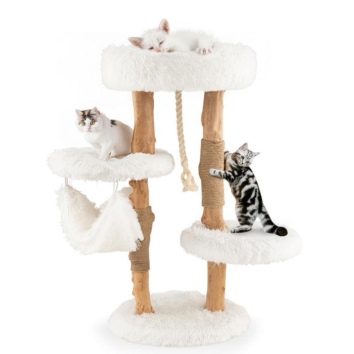 87 CM Tall Wooden Cat Tree, Solid Wood Cat Tower with Jute Scratching Posts