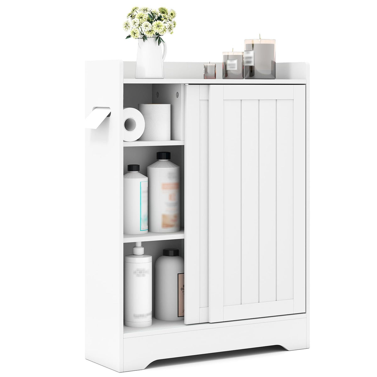 Bathroom Storage Cabinet Slim Floor Cabinet with Toilet Paper Holders Brush Compartment