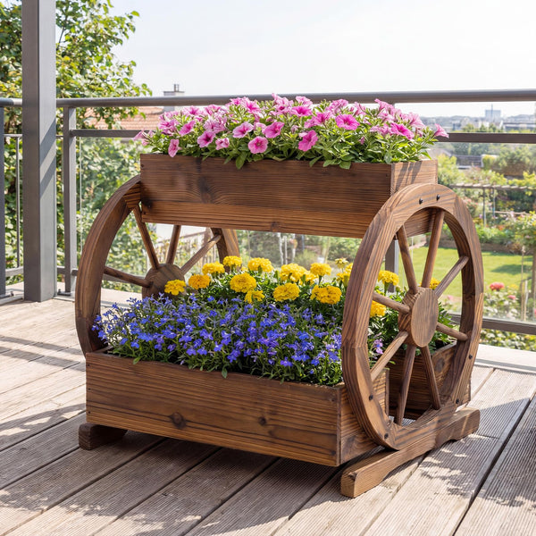 Wood Wagon Planter 2-Tier with 3 Growing Boxes and Wheels