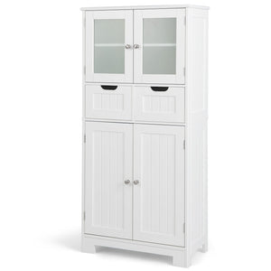 Giantex Floor Storage Cabinet with 4 Doors, Freestanding Bathroom Cabinet with 2 Glass Doors, White