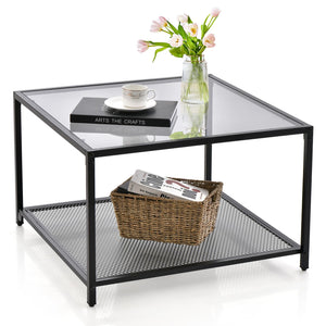 Giantex Glass Coffee Table with Storage, 70cm Modern 2-Tier Square Coffee Table with Mesh Shelf