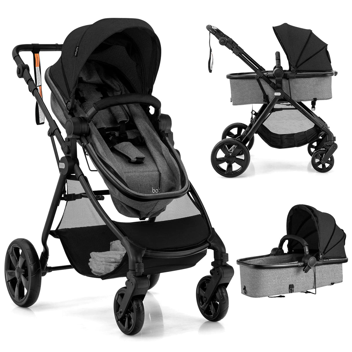 High Landscape Baby Stroller, 2 in 1 Convertible Baby Pram Jogger with Adjustable Canopy & Backrest