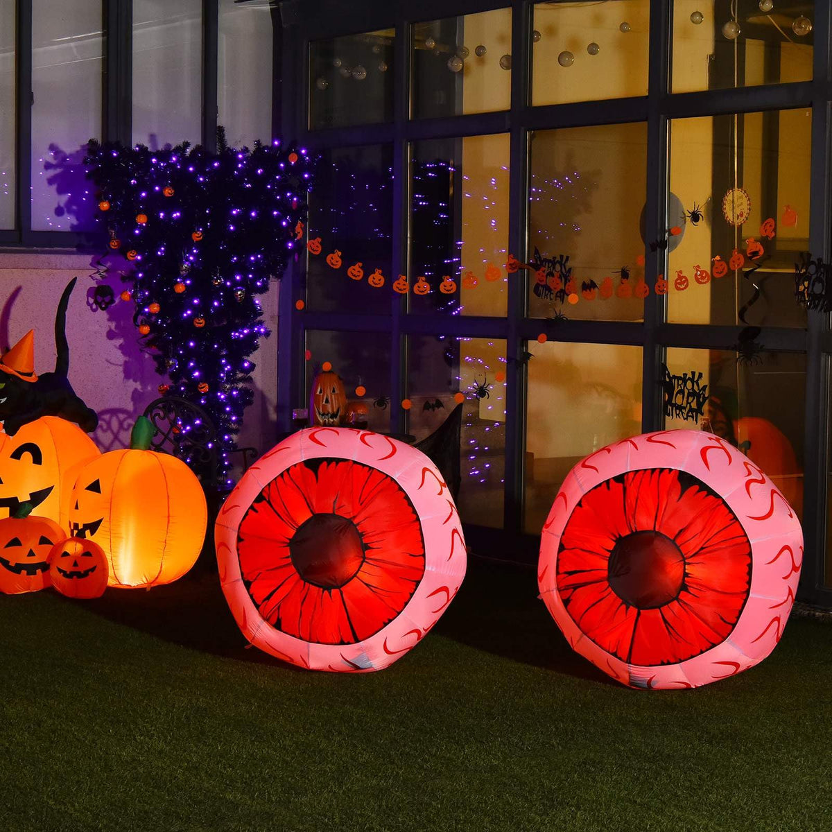Giantex 2 Pack 0.9 M Halloween Inflatable Eyeballs with Air Blower Red LED Lights
