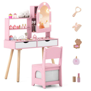 Kids Vanity Set, Pretend Play Dressing Table Set w/3-Color Lighting Modes