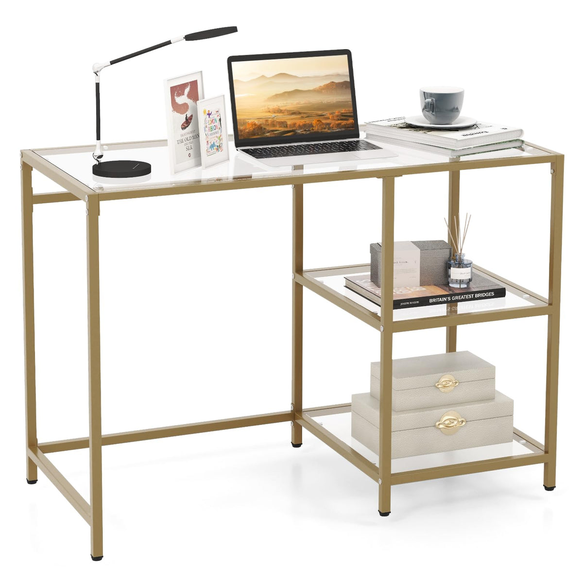 Giantex Tempered Glass Computer Desk, Laptop Desk w/ 2-Tier Storage Shelves