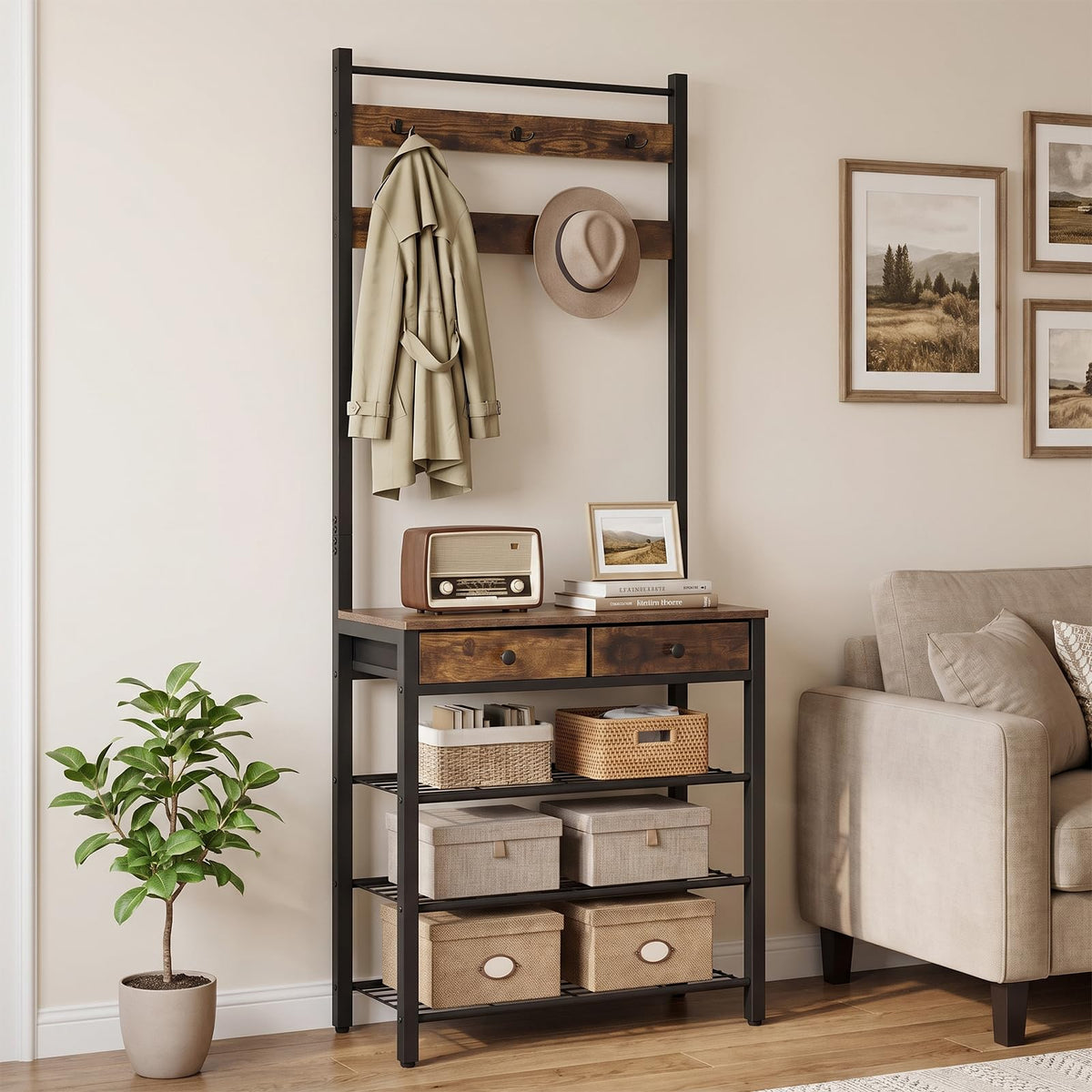 4-In-1 Hall Tree with Console Table and Shoe Rack