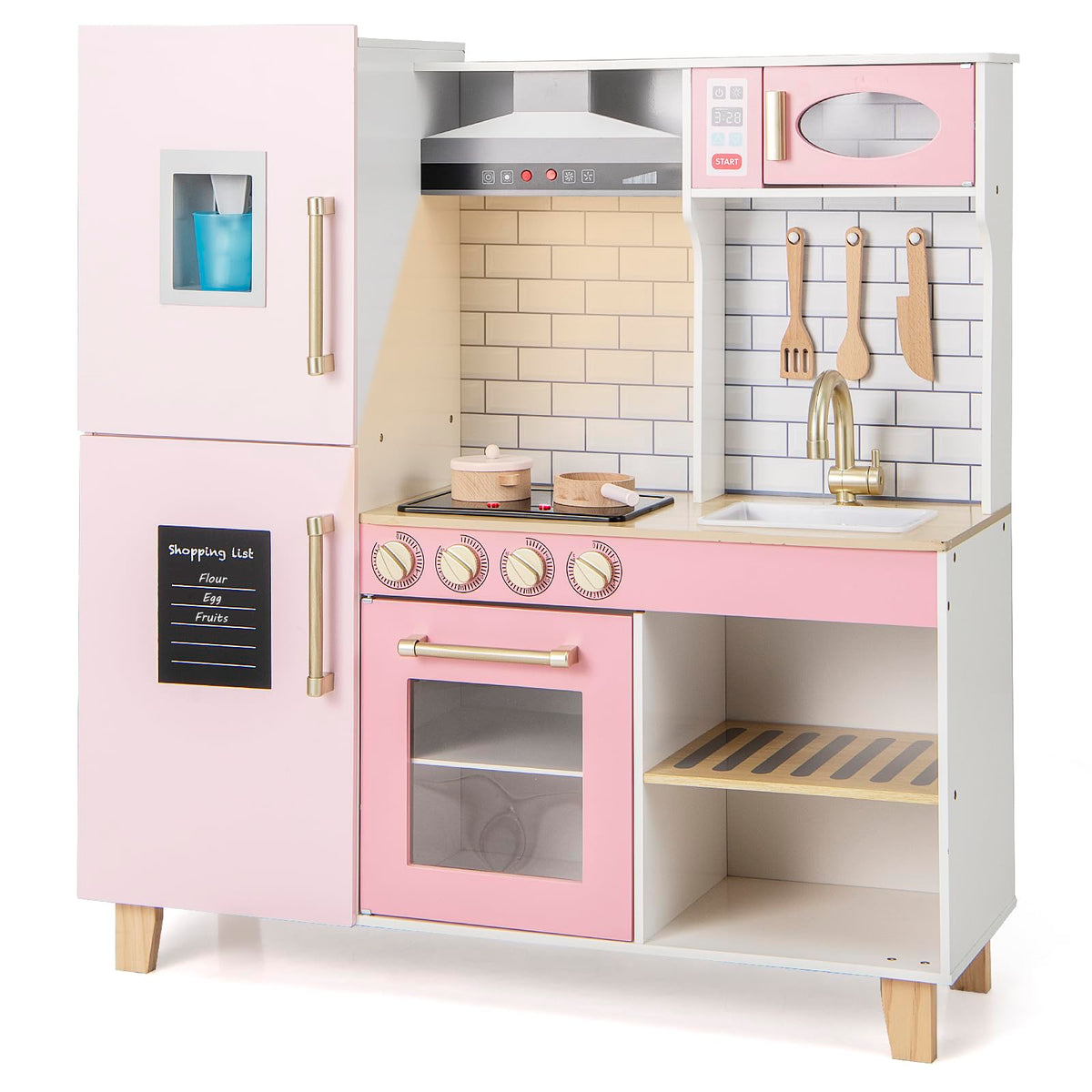 Kids Kitchen Playset, Wooden Pretend Play Kitchen w/Ice Maker, Range Hood, Blackboard