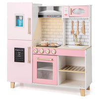 Kids Kitchen Playset, Wooden Pretend Play Kitchen w/Ice Maker, Range Hood, Blackboard