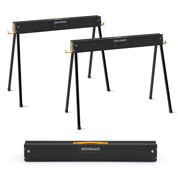 2-Pack Folding Sawhorses, Heavy-Duty Metal Saw Horses w/ 2 x 4 Supporting Arms