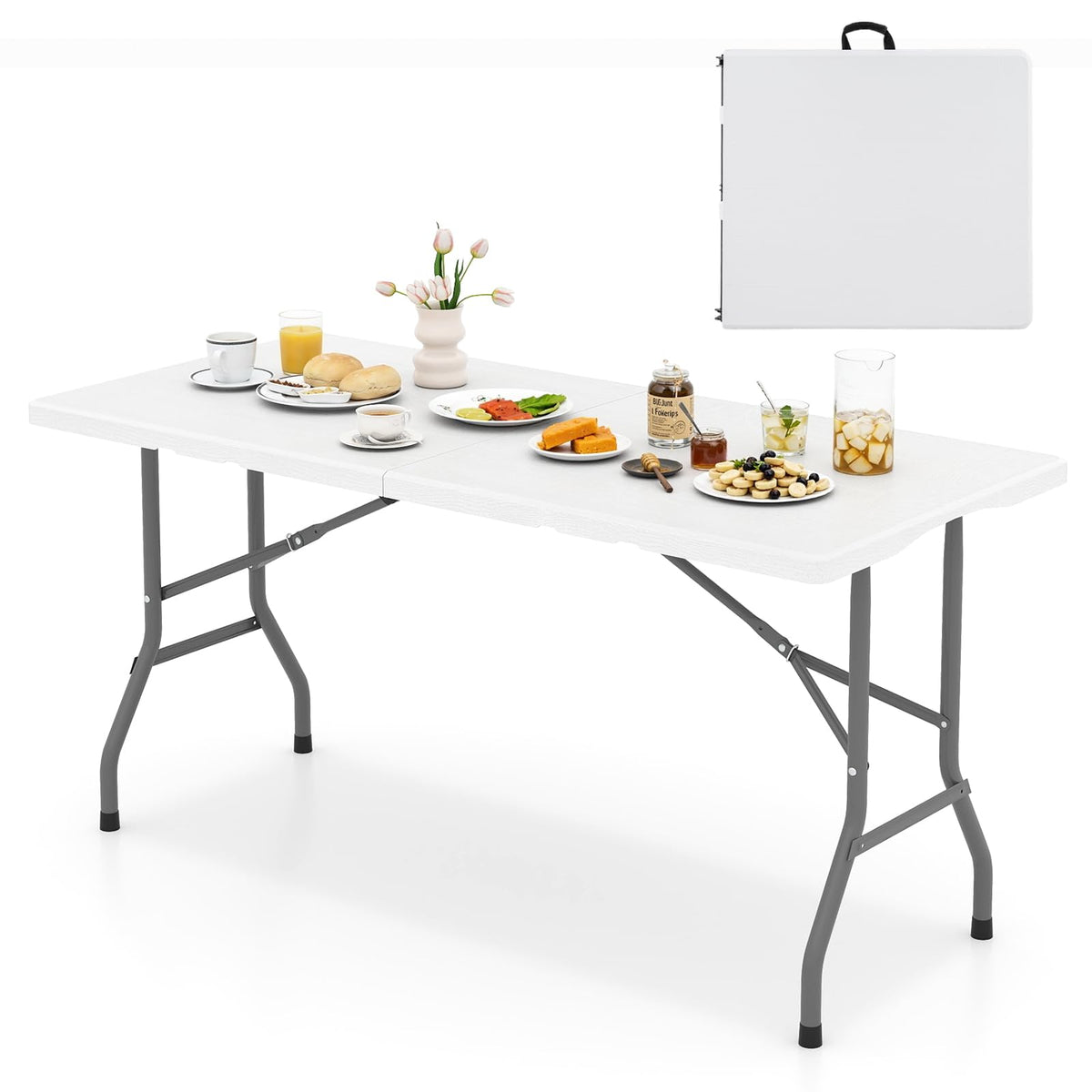 1.5m Folding Picnic Table, Outdoor Dining Table w/Wood Grain HDPE Tabletop