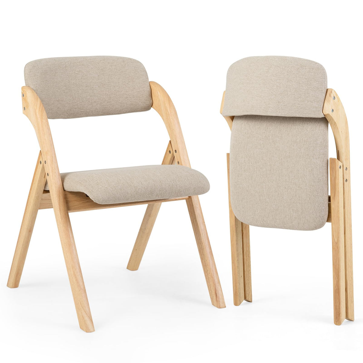Wooden Folding Dining Chairs with Linen Fabric Padded Seat Set of 2