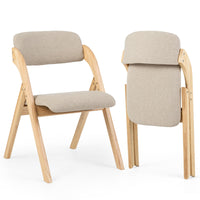 Wooden Folding Dining Chairs with Linen Fabric Padded Seat Set of 2