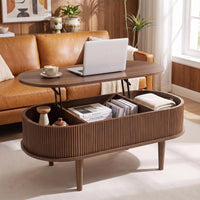 Oval Lift Top Fluted Design Coffee Table with Storage and Raised Wood Feet