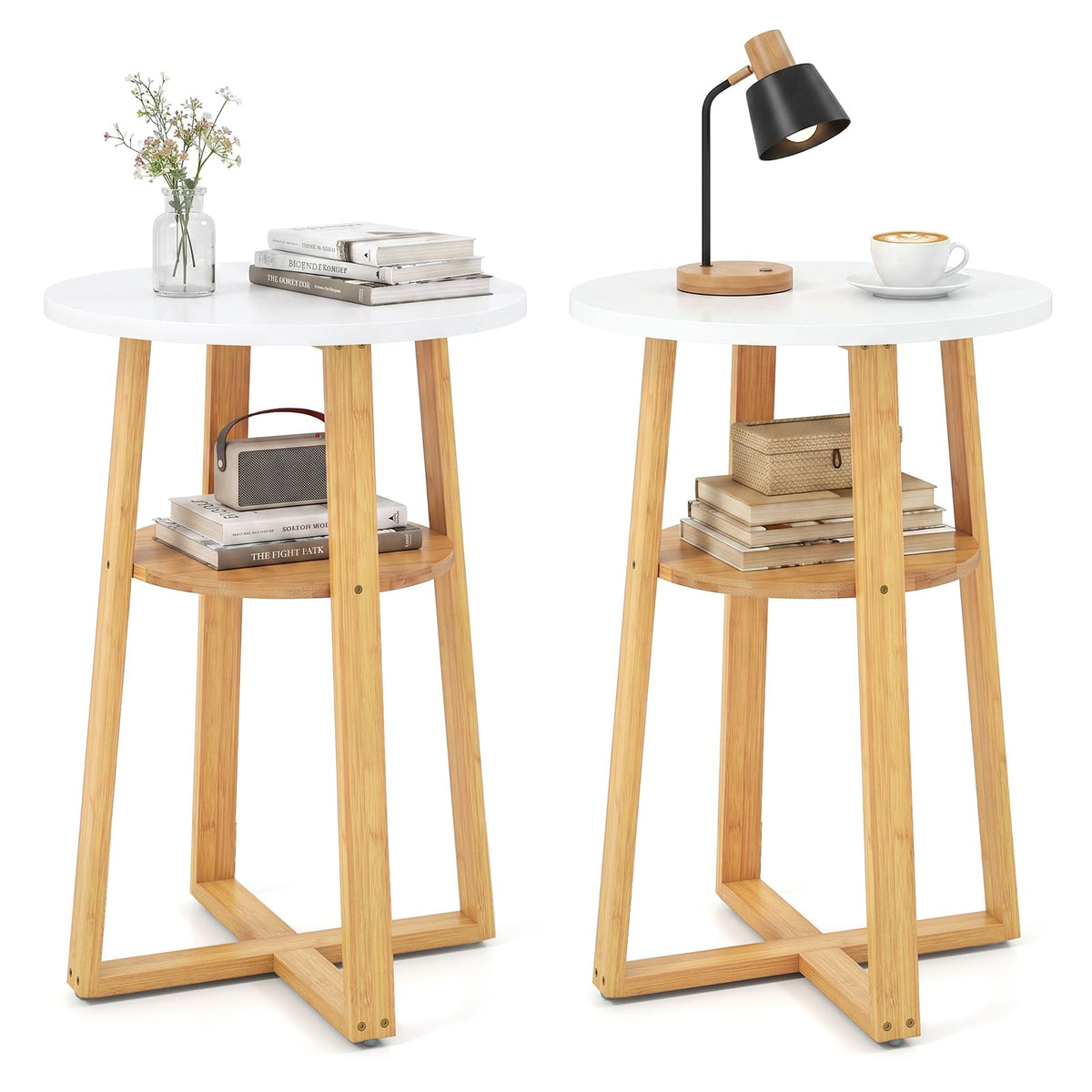 Giantex Round Side Table Set of 2 with Lower Shelf, Solid Bamboo Frame