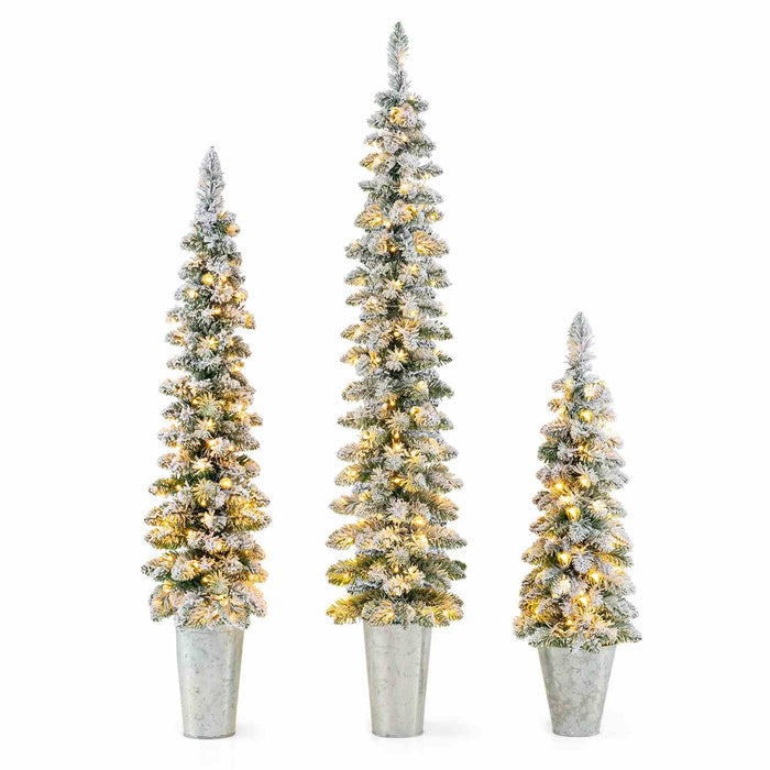 Set of 3 Snow-Flocked Christmas Tree with Silver Metal Buckets for Decoration