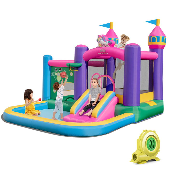 Inflatable Bounce House, Colorful Kids Jumping Castle with Slide, Ball Pit Pools, Jumping, Basketball Hoop