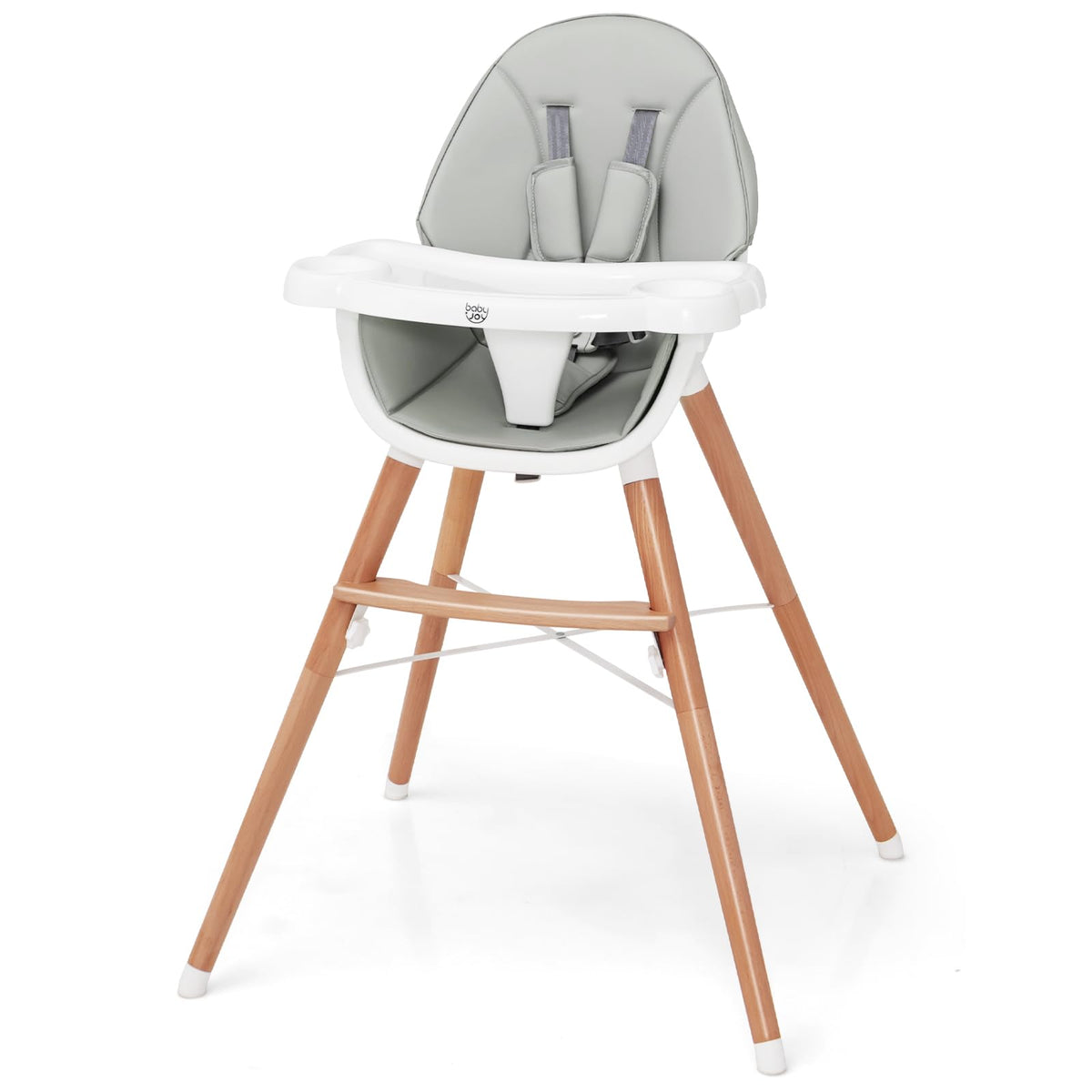 Wooden Highchair for Babies Infants w/Double 4-Gear Tray, Removable Seat Cushion & 5 Point Harness