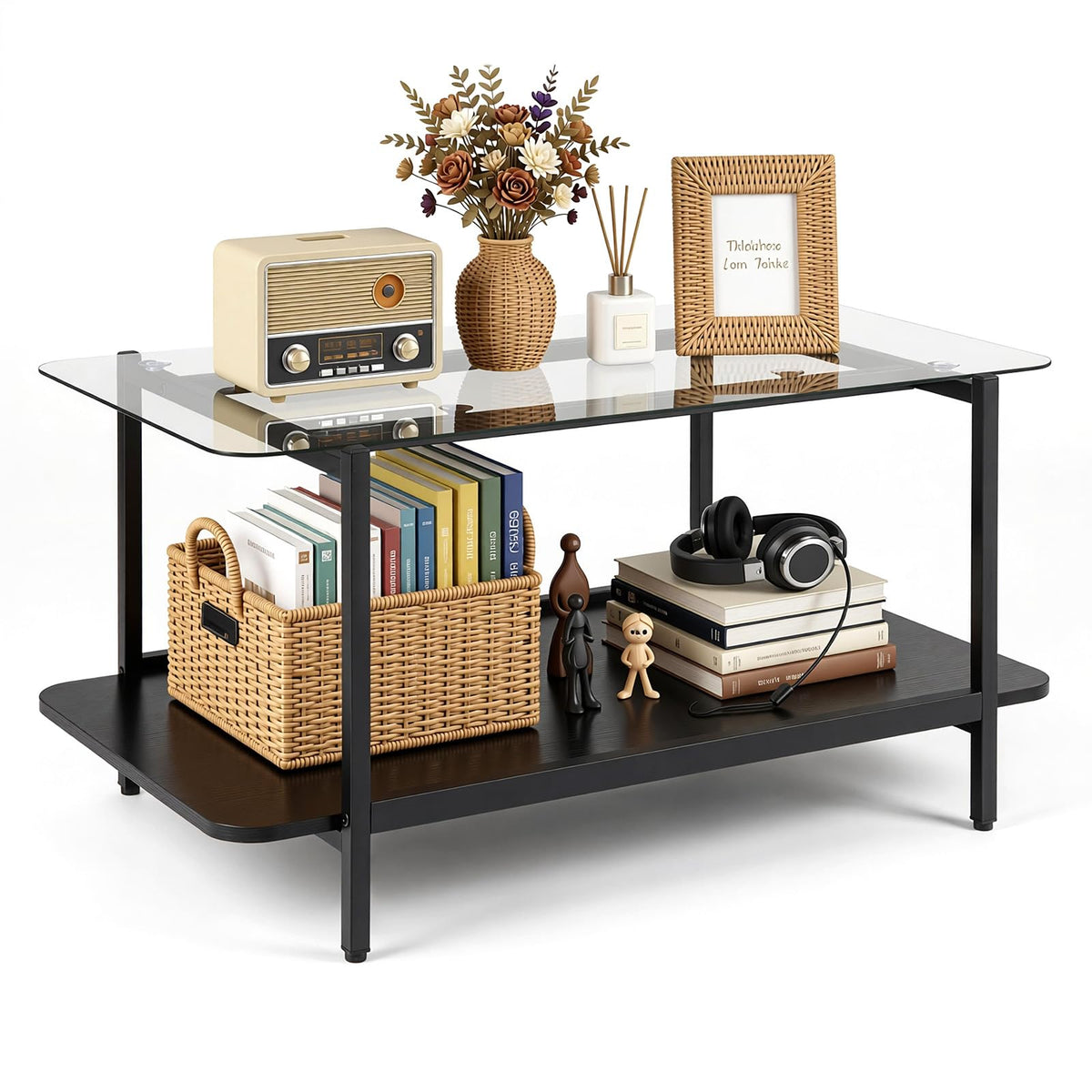 2-Tier Tempered Glass Coffee Table 95cm with Storage Shelf for Living Room