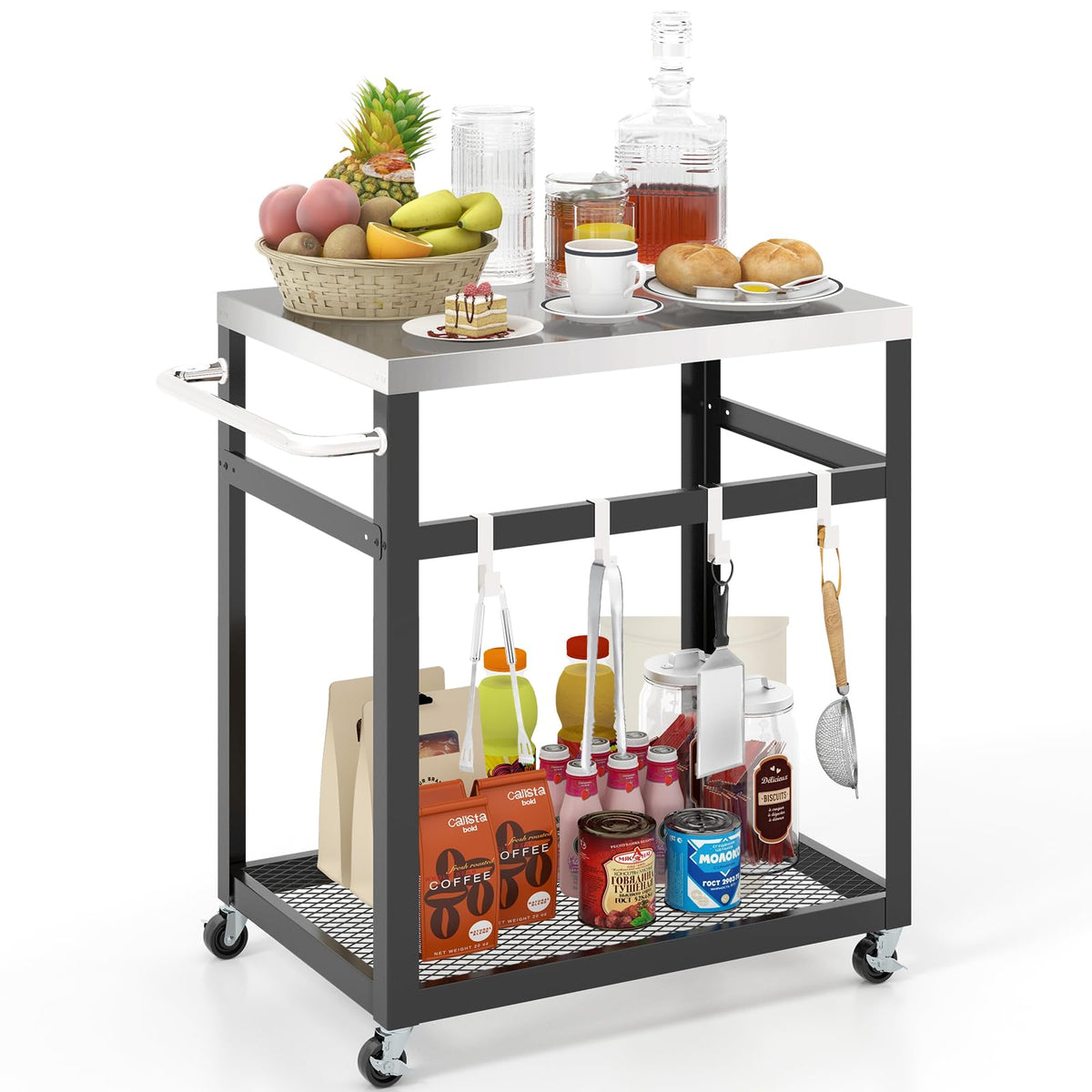 2-Tier Stainless Steel Grill Cart w/Wheels & Handle