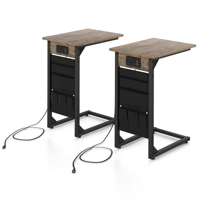 Giantex C Shaped End Table Set of 2, Sofa Side Table with Charging Station & Side Storage Bag