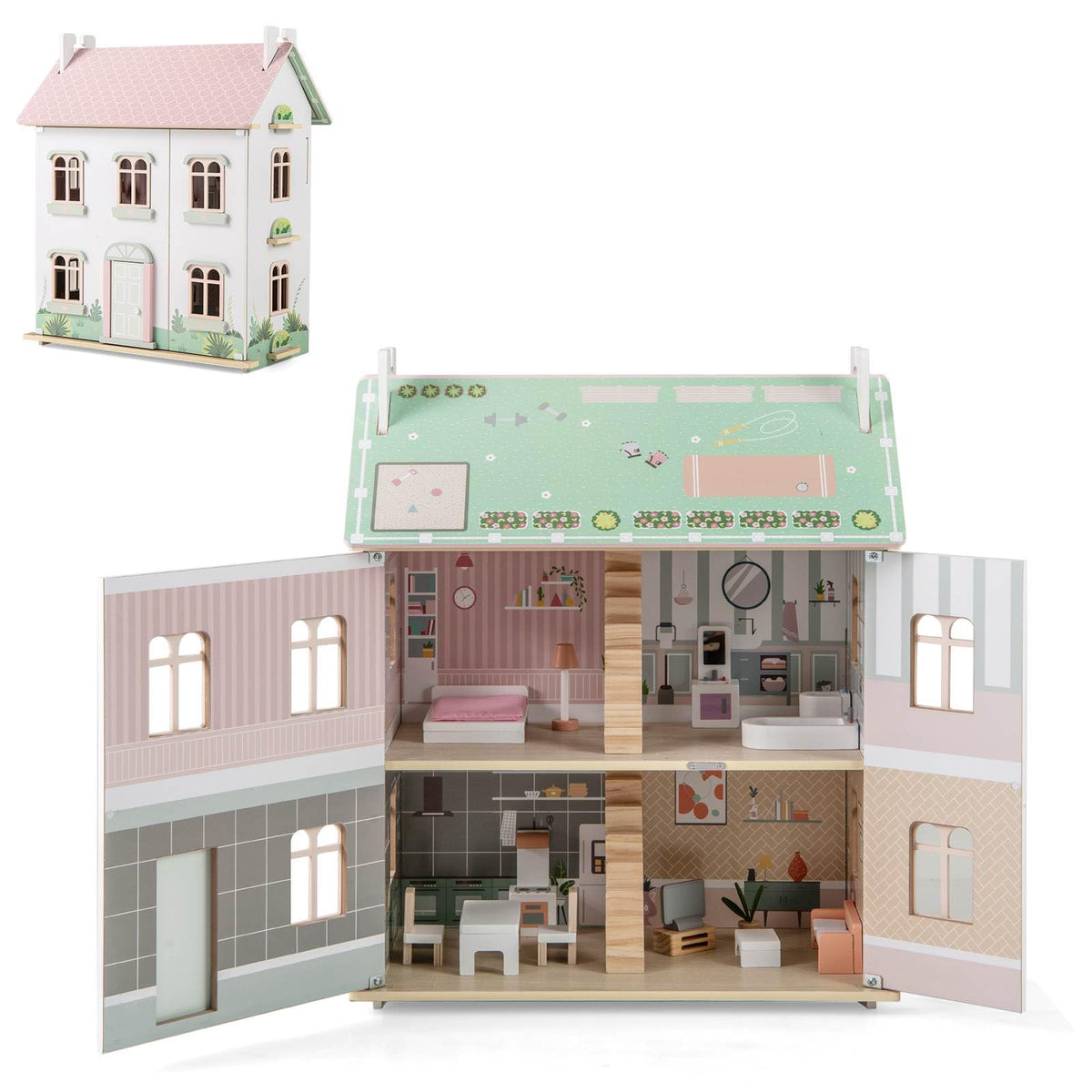 Kids Wooden Dollhouse with Double-Sided Roofs and Openable Doors