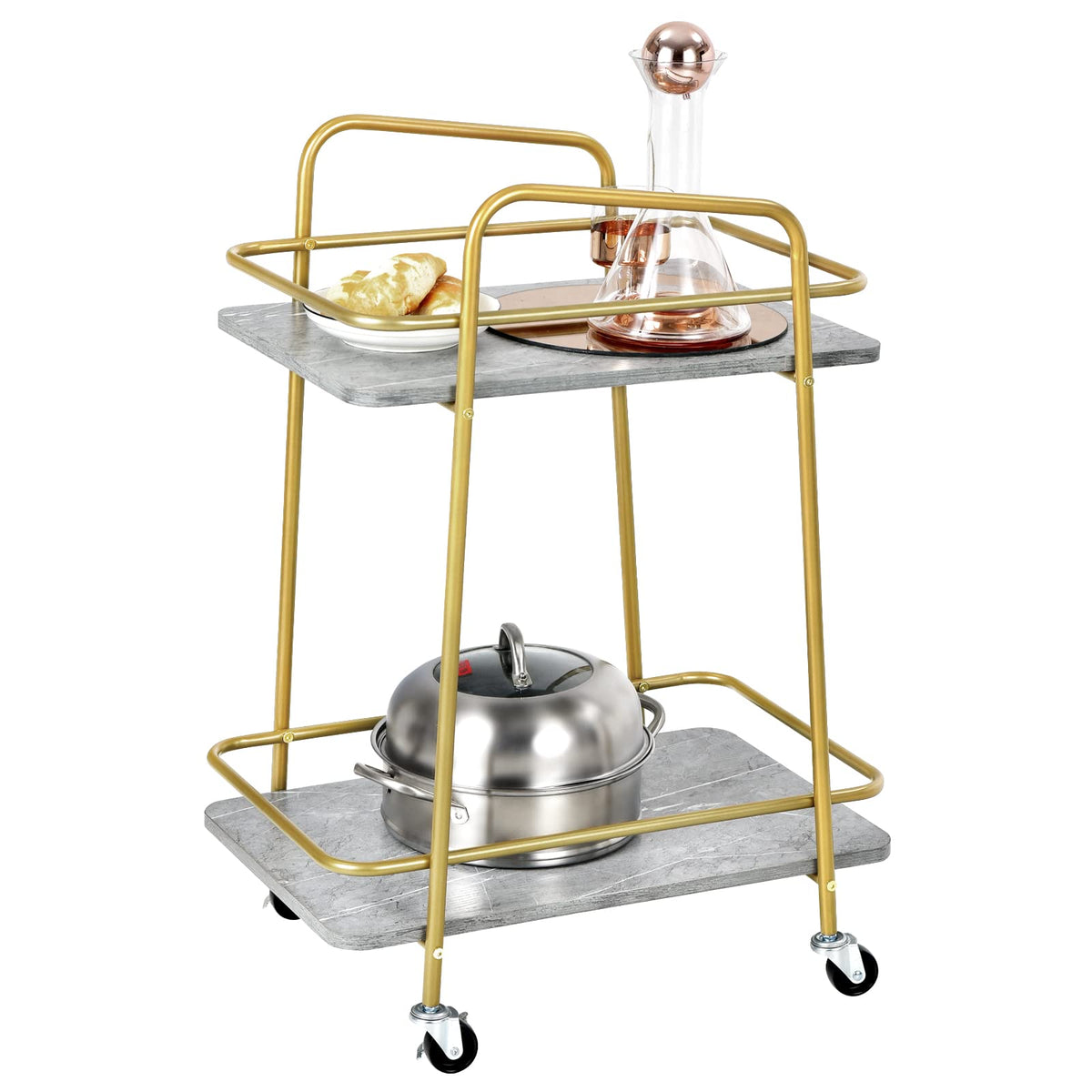 Giantex 2-Tier Kitchen Rolling Cart, Wooden Trolley w/Guardrail, Marble Top & Lockable Casters, Mobile Serving Cart