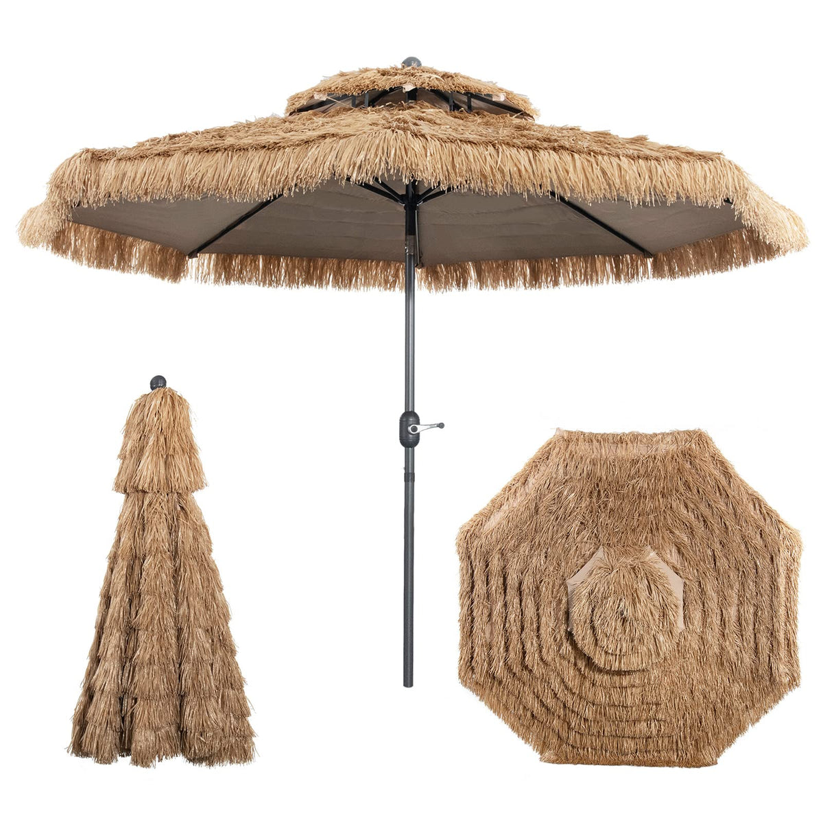 3m Thatched Tiki Umbrella, 2 Tier Hawaiian Style Patio Beach Umbrella W/8 Ribs