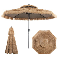 3m Thatched Tiki Umbrella, 2 Tier Hawaiian Style Patio Beach Umbrella W/8 Ribs