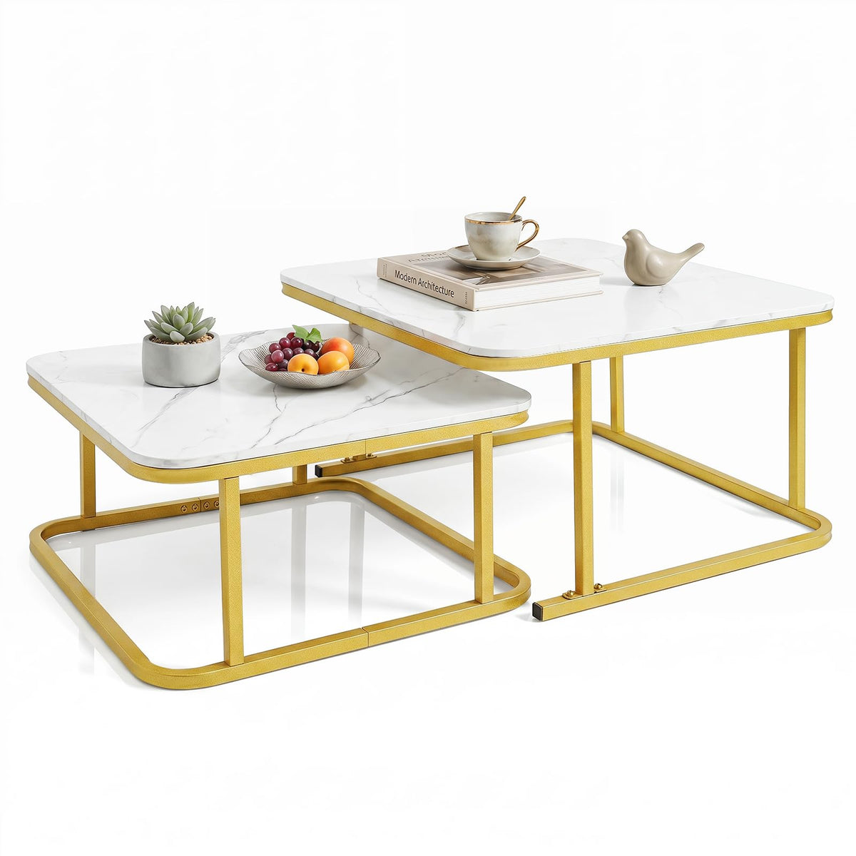 Nesting Coffee Table Set of 2 with Faux Marble Tabletop and Metal Frame for Living Room Bedroom