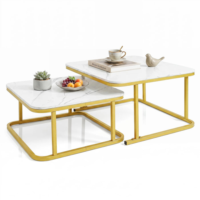 Nesting Coffee Table Set of 2 with Faux Marble Tabletop and Metal Frame for Living Room Bedroom