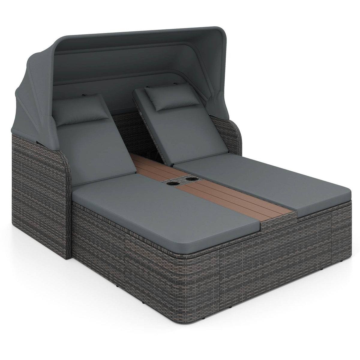 Rattan Double Daybed, Outdoor Chaise Lounge Loveseat w/Retractable Sunshade