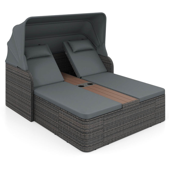 Rattan Double Daybed, Outdoor Chaise Lounge Loveseat w/Retractable Sunshade