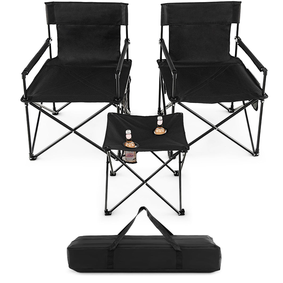 Folding Camping Chair Set of 3, Portable Lawn Chair & Side Table w/ 2 Cup Holders