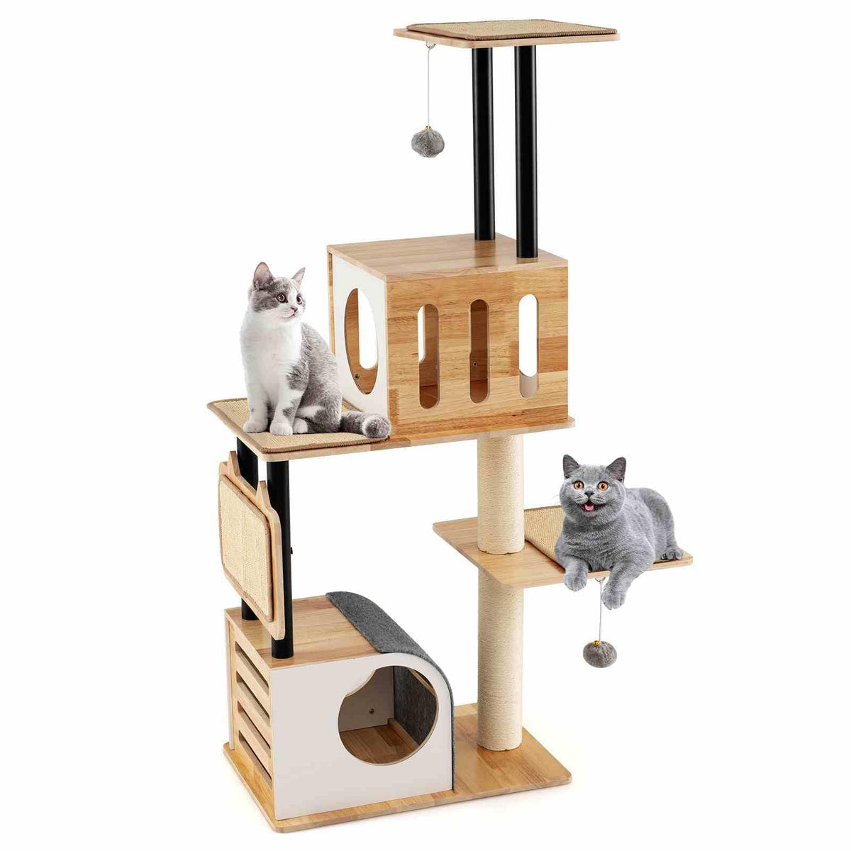 Wood Cat Tree Modern Multi-level Cat Tower w/Double Condos & Sisal Posts Indoor