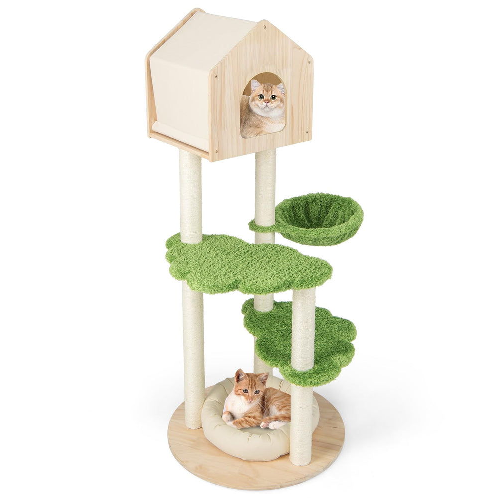 1.4M Cute Cat Tree for Indoor Cats, Multi-Level Wood Cat Tower w/Sisal ...