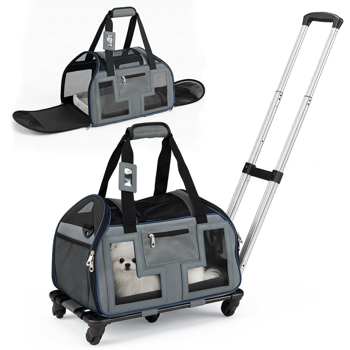 Rolling Pet Carrier with Wheels & Padded Carry Handle, Foldable Cat and Dog Carrier