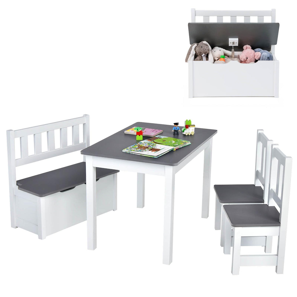 4-Piece Kids Table and Chair Set, Wood Activity Table with Toy Storage Bench