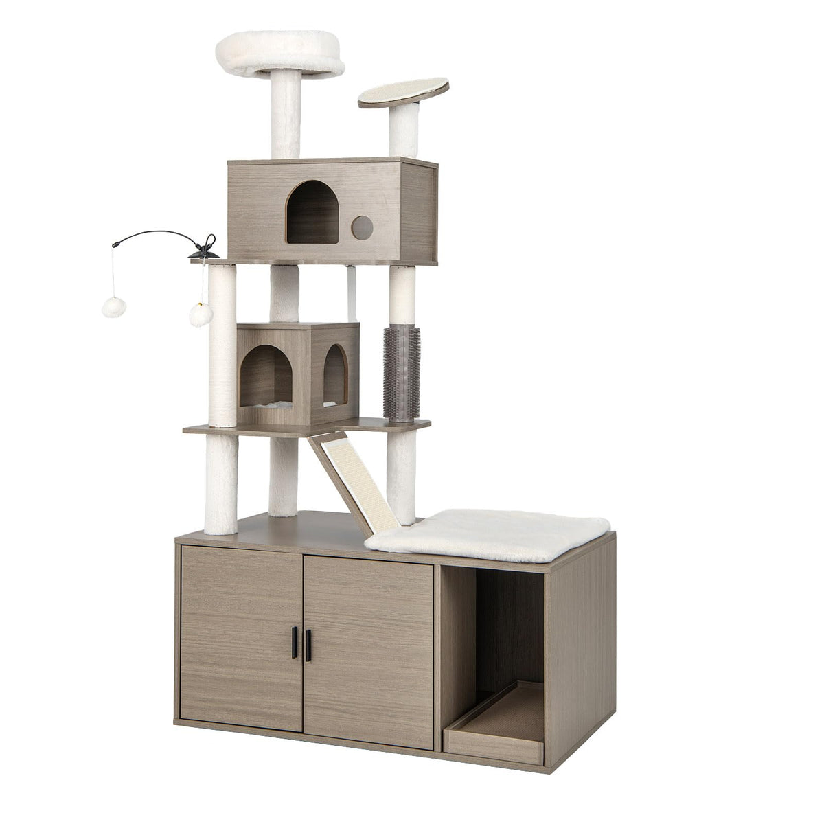 2 in 1 Cat Tree Litter Box Enclosure, Modern Cat Tower with Double Condos, Top Perch