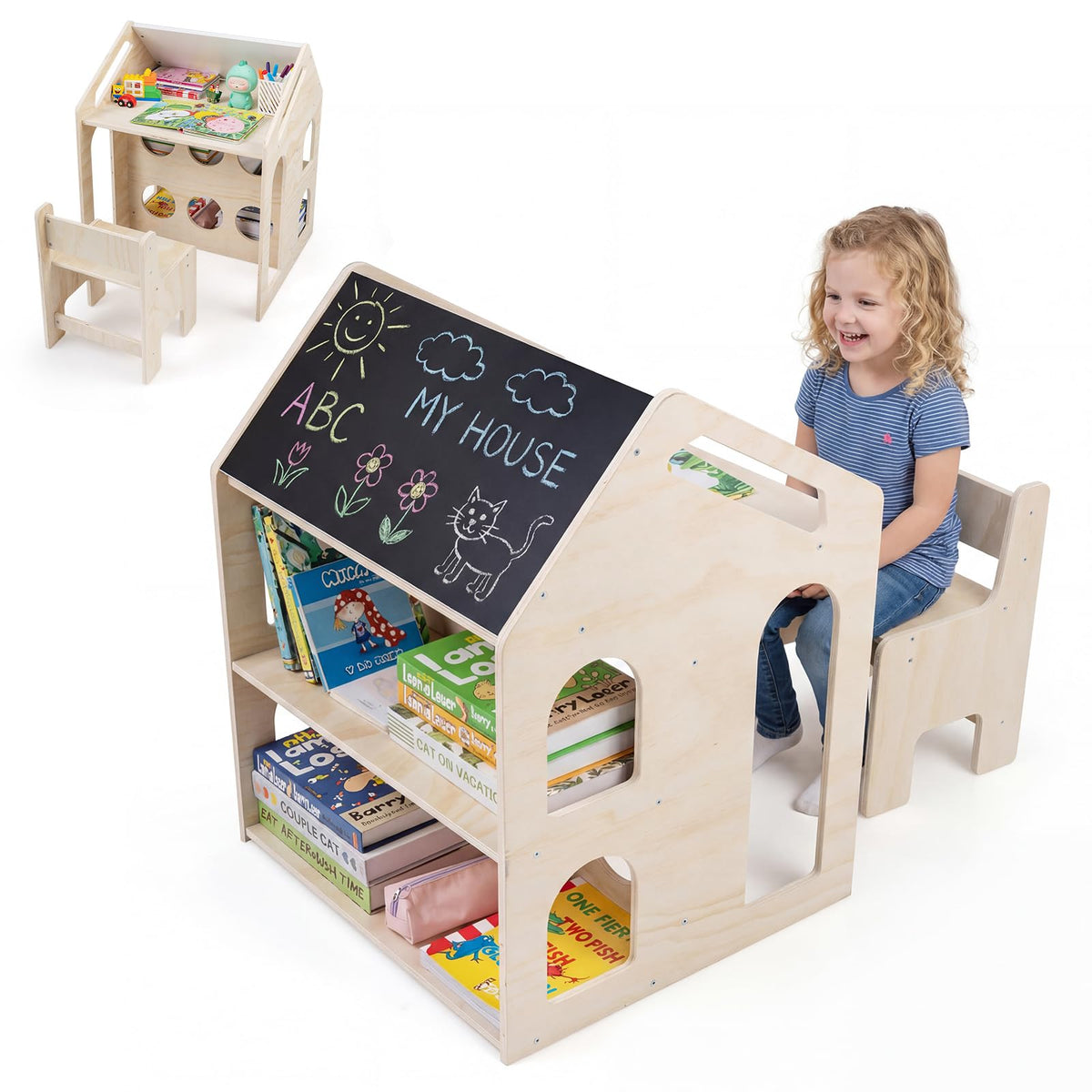 3-in-1 Toddler Art Table Set with 2 Bookshelves and Chalkboard for Painting and Crafting