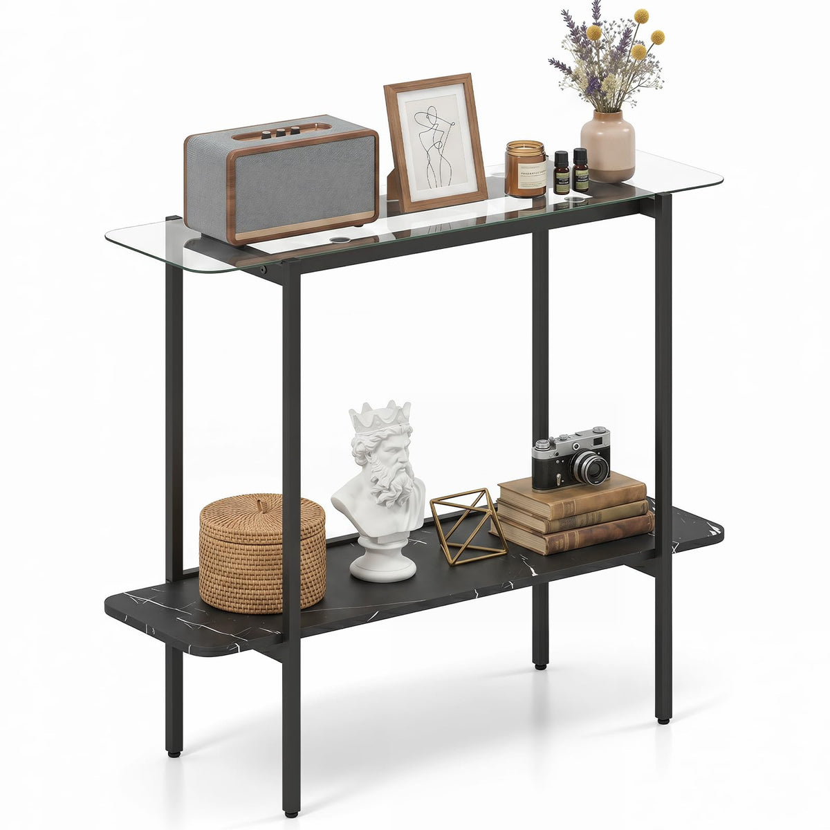 100cm Console Table with Storage Shelf and Tempered Glass Top for Hallway