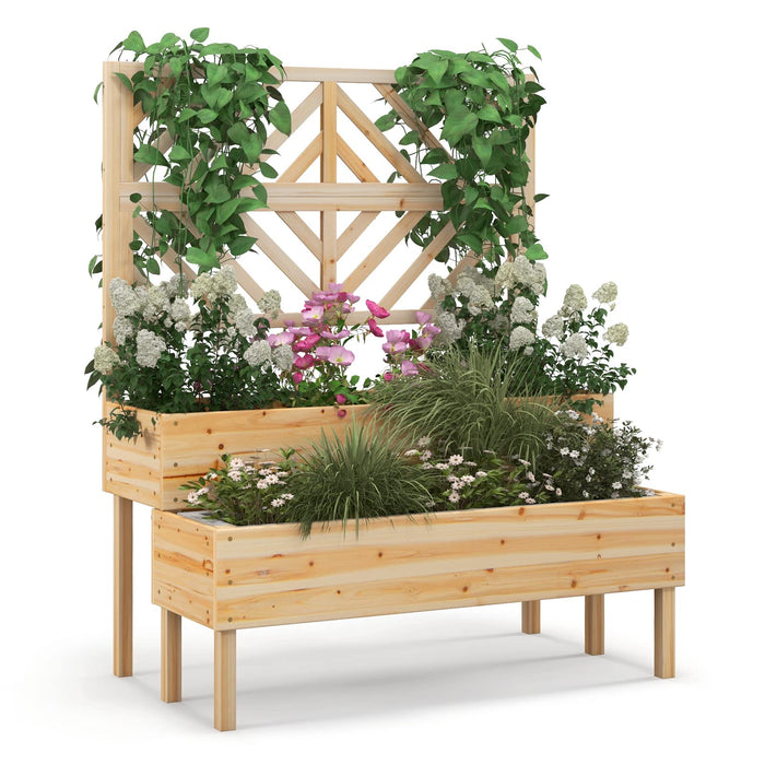 Giantex 2-Tier Raised Garden Bed w/Trellis, Wooden Elevated Planter Box w/Legs