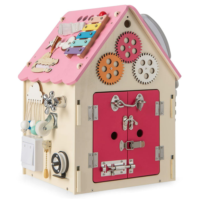 Kids Wooden Busy House Toy, Montessori Play House w/Sensory Games & Interior Storage Space