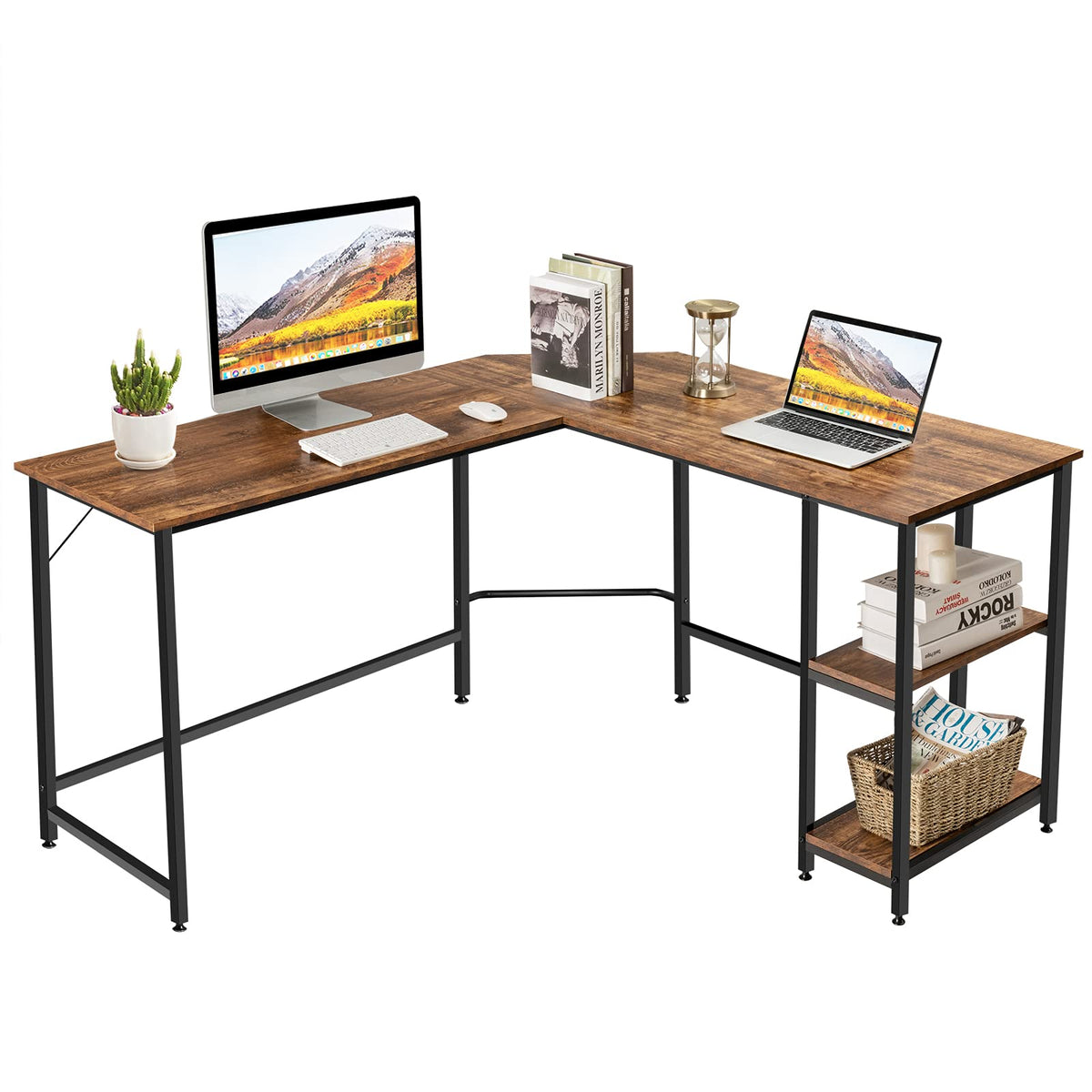 Giantex Industrial L-Shaped Computer Desk, Home Office Desk PC Laptop Study Table, Rustic Brown