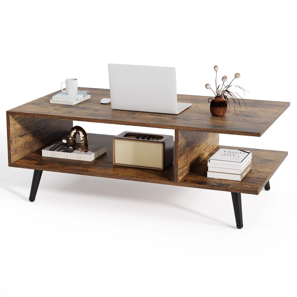 2-tier Coffee Table with 2 Open Shelves and Heavy-duty Metal Frame