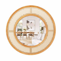 Giantex Rattan Round Wall Mirror, 65cm Wooden Framed Mirror with Aluminum Glass