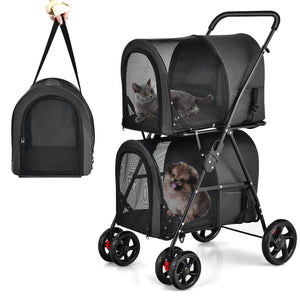 4-in-1 Double Layer Pet Stroller, Foldable Cat Dog Stroller on Wheels w/ 2 Detachable Carriers for Small Medium Sized Pets